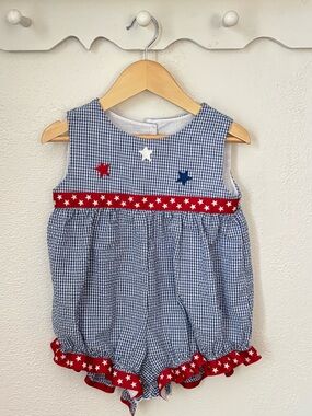 Funtasia Too Patriotic Gingham Bubble Romper 4th of July Outfit Star Romper